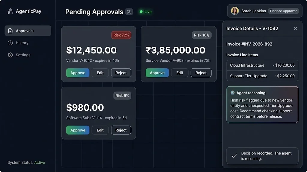 Next.js and shadcn/ui approval dashboard showing pending payout cards with risk badges and approve/reject buttons