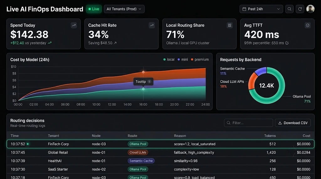 Next.js dashboard with live spend counter, cost-by-model chart, cache hit rate gauge, and routing decisions table
