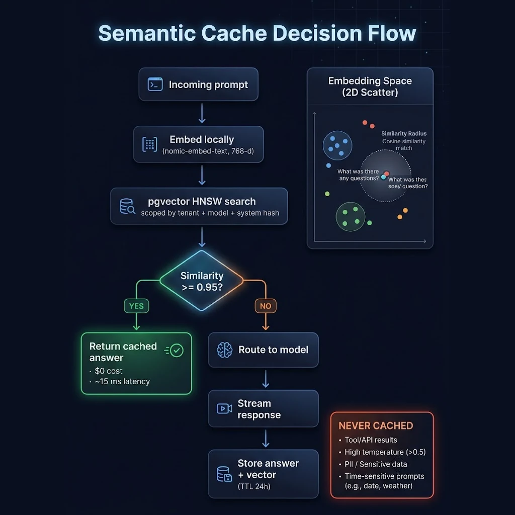 Semantic cache flow showing prompt embedding, pgvector similarity search, threshold check, cache hit versus cloud call