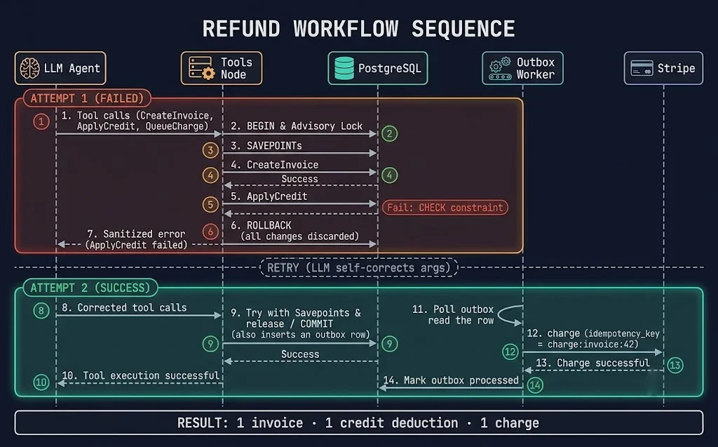 Sequence diagram of the refund workflow showing a failed first attempt, a full rollback, a corrected retry, and the outbox worker calling Stripe once with an idempotency key