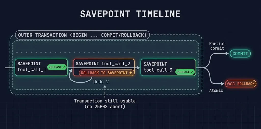 Timeline diagram of one PostgreSQL transaction containing three savepoints, one of which is rolled back while the others are released