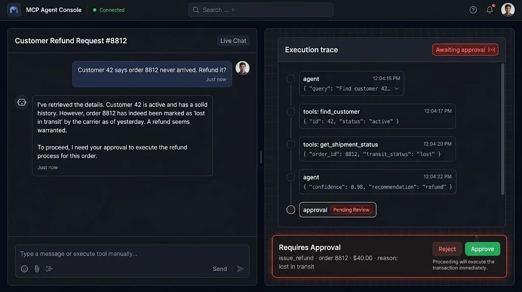 Next.js dashboard built with Tailwind and shadcn/ui showing a chat panel, live execution trace timeline, and an approval card for a pending refund