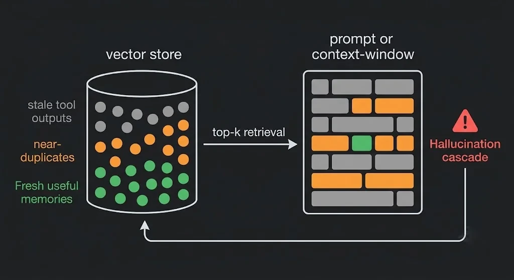 Diagram showing an agent's vector store filling with stale and duplicate memories, leading to a polluted context window