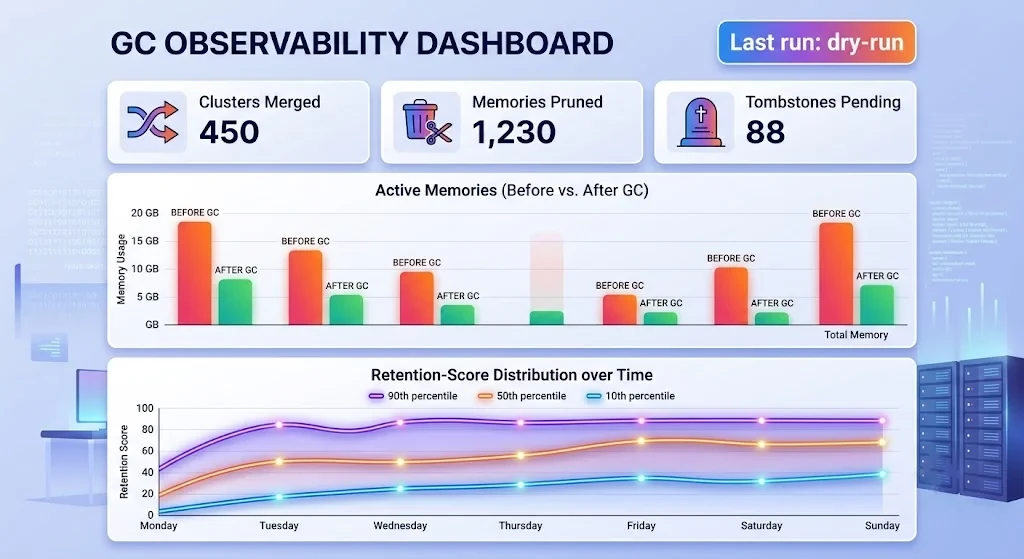 Dashboard mockup showing GC run reports: memories before and after, clusters merged, tombstones pending compaction