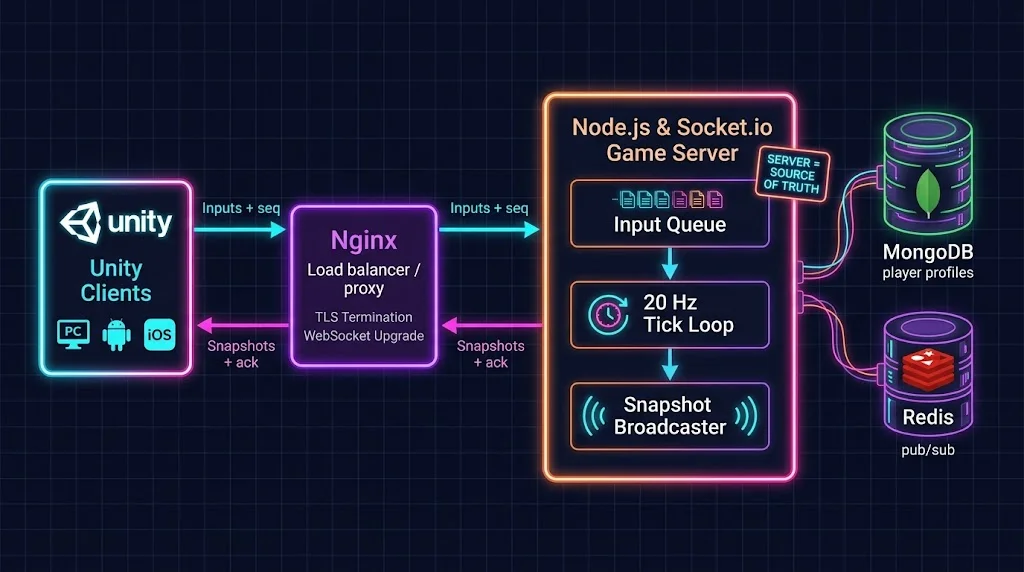 High-level architecture diagram showing Unity clients connecting through Nginx to a Node.js Socket.io game server backed by MongoDB and Redis