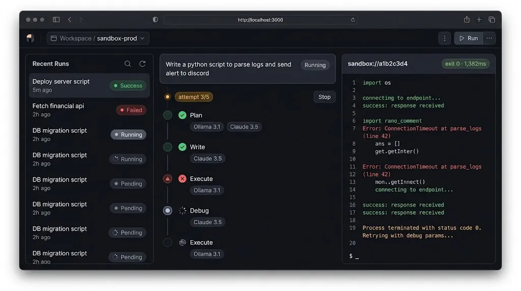 Next.js workspace UI built with Tailwind CSS and Shadcn UI showing task input, agent step timeline, and live terminal output panel
