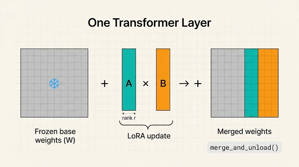 Diagram showing LoRA low-rank adapter matrices A and B injected beside frozen base weights, then merged for export