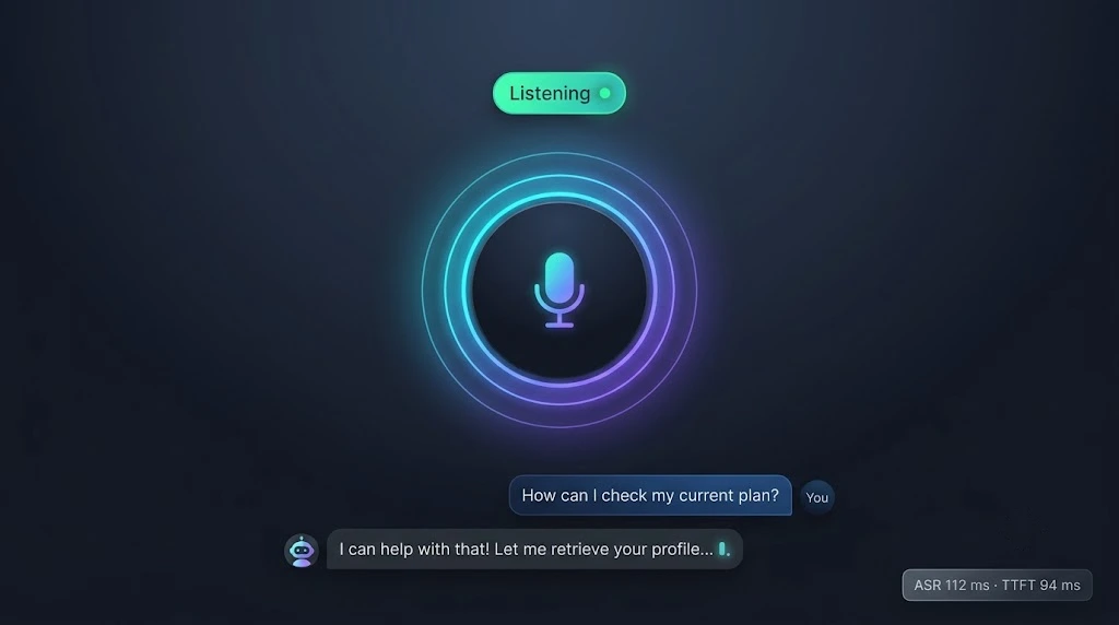 Screenshot-style mockup of the voice agent UI with a live waveform, status pill, and streaming transcript
